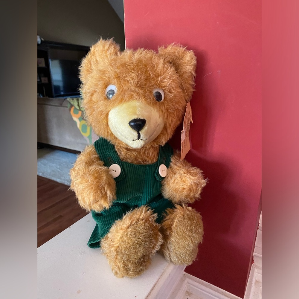 Adorable Plush Bear in Green Corduroy Outfit
